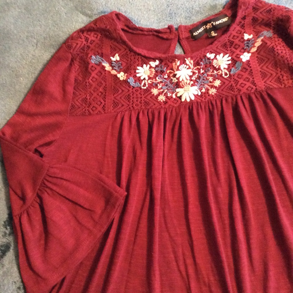 Almost Famous burgundy red embroidered bell sleeve Fall Bohemian Boho girl’s top
